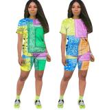 Urban casual non-positioning printed short-sleeved T-shirt suit two-piece Womens clothing WJ5202