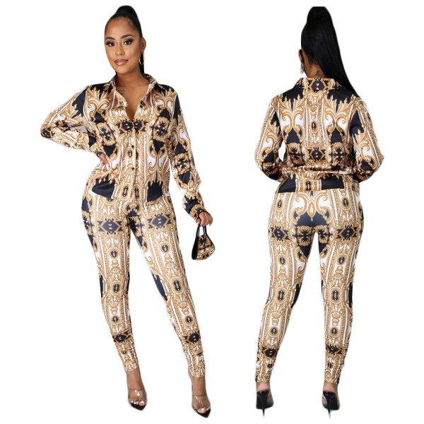 Fashion Printed Long Sleeves Shirt With Trousers Two Pieces Sets J2392