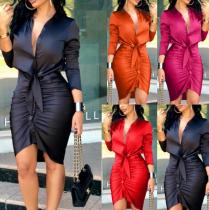 Womens Lapel Pleated Long Sleeve Slim Sexy Wrapped Hip Dress HC746