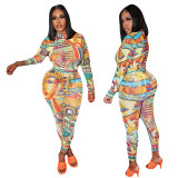 Fashion Pattern Printed Round Neck Long Sleeves Top With Trousers Two Piece Sets R3125