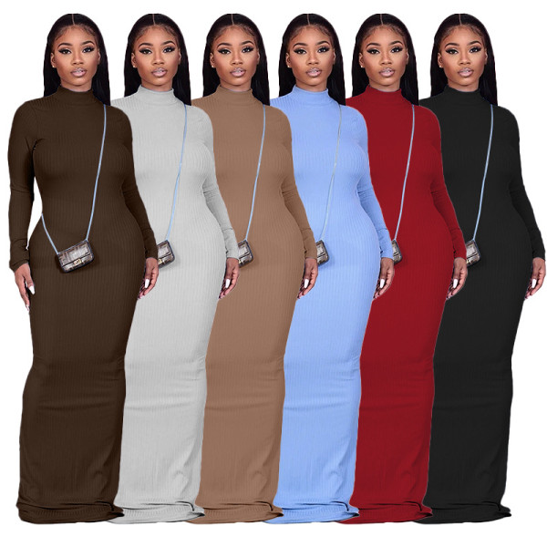 Plus Size Knitting Round Neck Long Sleeves Backless Long Dress M2994