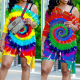Casual Tie Dye Printed Round Neck Long Sleeves T-Shirt With Shorts Plus Size Two Piece Sets K8922