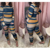 Fashion Striped Printed Knitting Long Sleeves Hollow Out Jumpsuit TS1072