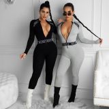 Sexy Letter Printed Zipper V-Neck Long Sleeves Jumpsuit CY1286