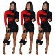 Fashion Contrast High Collar Long Sleeves Short Pants Jumpsuit  FE089