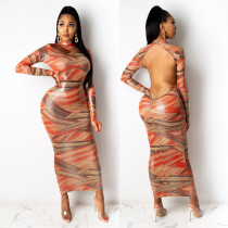 Sexy Printed Round Neck Long Sleeves Backless Midi Bodycon Dress A7160