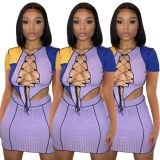 Chest strap Hollow color matching Reverse car side T-shirt short skirt suit fashionable and sexy LM8