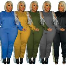 Casual Solid Color Tassel Round Neck Long Sleeves With Trousers Plus Size Two Piece Sets OSS20982