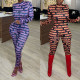 Fashion Letter Printed Round Neck Long Sleeves Skinny Jumpsuit  A6657