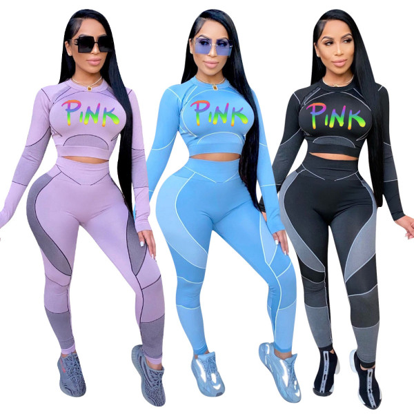 Sports Letter Printed Round Neck Long Sleeves Mini Top With Trousers Two Piece Sets OMM1189