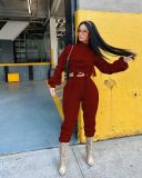 Autumn Solid Color High Collar Long Sleeves Drawstring Mini Top With Trousers Two Piece Sets WYM2028