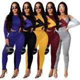 Sexy Solid Color Strapless Zipper V-Neck Long Sleeves Hollow Out Pleated Bodycon Jumpsuit W8337