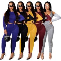 Sexy Solid Color Strapless Zipper V-Neck Long Sleeves Hollow Out Pleated Bodycon Jumpsuit W8337