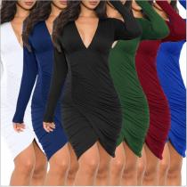 Sexy Solid Color V-Neck Long Sleeves Mini Skinny Dress WMZ2585