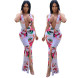 Womens summer deep V-neck split sexy large size printed dress OMM1110