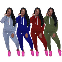 Fashion Solid Color Long Sleeves Hooded Sweater With Drawstring Trousers Plus Size Two Piece Sets N9