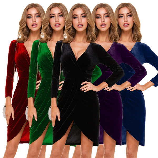 Fashion Velvet V-Neck Long Sleeves Mini Bodycon Dress  SMR9979