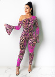 Sexy Leopard Printed One Shoulder Flared Sleeves Bodycon Jumpsuit MN8315