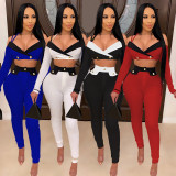 Sexy Suspenders V-Neck Long Sleeves Backless Mini Top With Trousers Plus Size Two Piece Sets Q2937