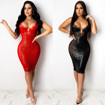 Sexy Lace Suspenders Backless Midi Bodycon Dress X3899