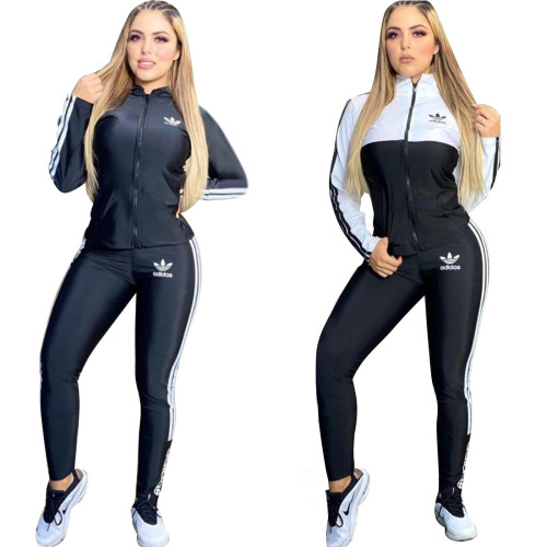 Sports Contrast Stitching Zipper Long Sleeves Cardigan With Trousers Two Piece Sets YSF2302
