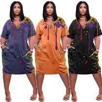 Loose ink-splattered V-neck casual dress with pocket NY8048