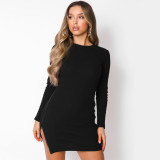 Fashion Solid Color Round Neck Long Sleeves Zipper Bodycon Dress YB9081