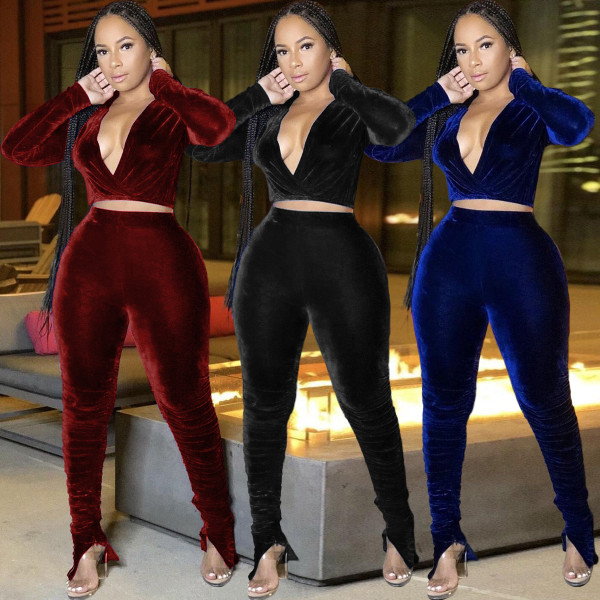 Sexy Velvet V-Neck Long Sleeves Cropped Top With Split Trousers Two Piece Sets KSN8065