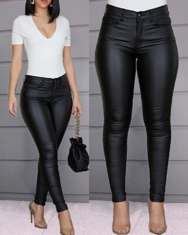 Casual Solid Color High Waist PU Leather Long Pants  MK111