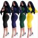 Sexy Solid Color High Collor Long Sleeves Midi Skinny Dress WMZ2589