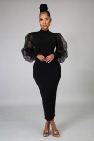 Fashion Solid Color Rould Neck Mesh Ruff Sleeves Midi Skinny Dress YS211-2