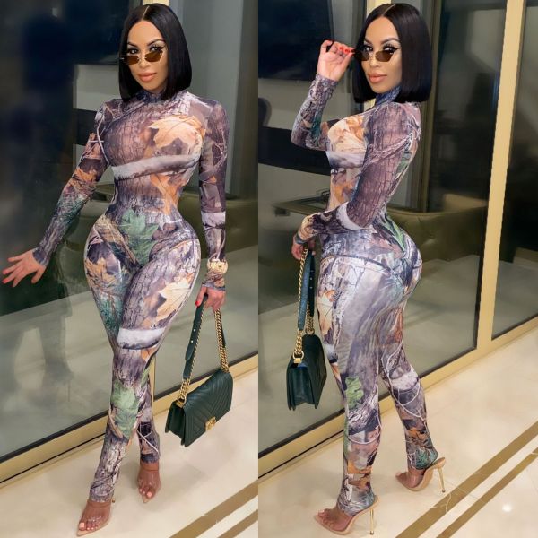 Fashion Digital Printed Round Neck Long Sleeves Bodycon Jumpsuit CY1291
