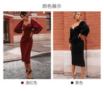 Womens elegant new style lantern sleeve stitching mid-length slim dress QL8880
