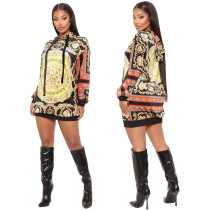 Sexy Pattern Printed Long Sleeves Hooded Loose Mini Dress SMR9882