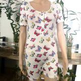 Fashion Printed Round Neck Long Sleeves Short Pants Button titching Jumpsuit DM8711