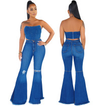 Fashion Solid Color Hole Flared Long Jeans HSF2339