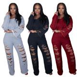 Fashion Hole Round Neck Long Sleeves Mini Top With Trousers Two Piece Sets JLX6150