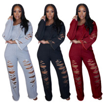 Fashion Hole Round Neck Long Sleeves Mini Top With Trousers Two Piece Sets JLX6150