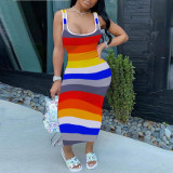 Fashion contrast color stripe print bag hip sexy dress H1655