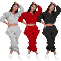 Fashion Zipper Ruffle Long Sleeves Hooded Cropped Cardigan With Trousers Two Pieces Sets P8558