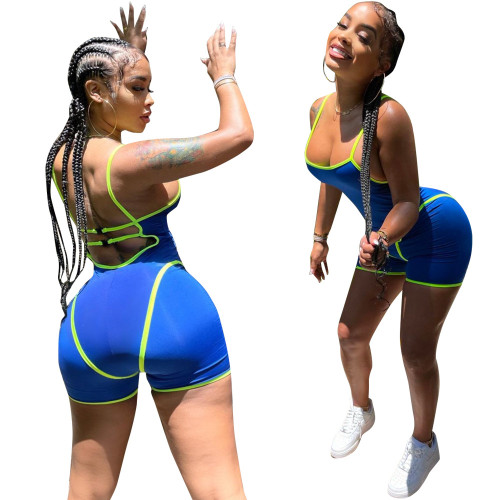 Summer beltless tight-fitting jumpsuit sexy hollow sapphire blue sports jumpsuit HM5471