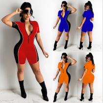 Womens fashion casual sexy solid color stitching mesh zipper pull-up slim short-sleeved jumpsuit SM9