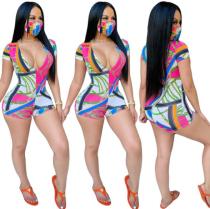 Womens multicolor printing summer short-sleeved jumpsuit sexy hot pants nightclub style YY5261