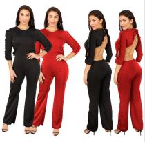 Sexy ruffled open back solid color jumpsuit N9264