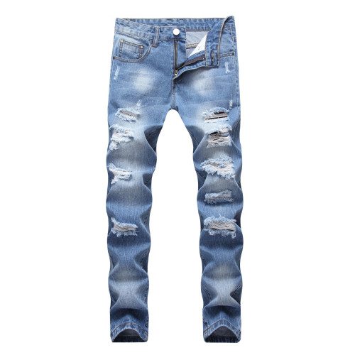Mens ripped jeans light blue trendy straight slim fit big ripped TX405