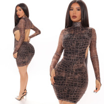 Sexy Snake Printed High Collar Long Sleeves Backless Mini Skinny Dress FF1070