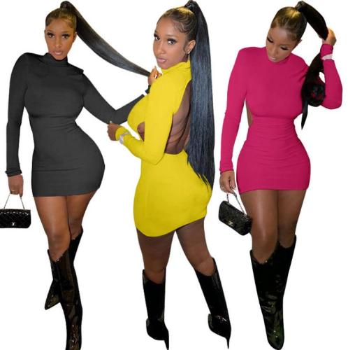 Sexy Solid Color High Collar Long Sleeves Backless Mini Dress WMZ2598