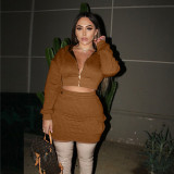 Fashion Autumn Solid Color Zipper Long Sleeves Cropped Hooded Tops With Mini Skirt Two Pieces Sets S