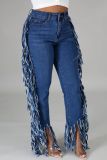 Fashion Solid Color Tassel Split Long Jeans A3236