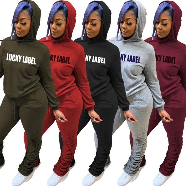 Casual Letter Printed Long Sleeves Hooded Sweater With Drawstring Trousers Two Piece Sets W920